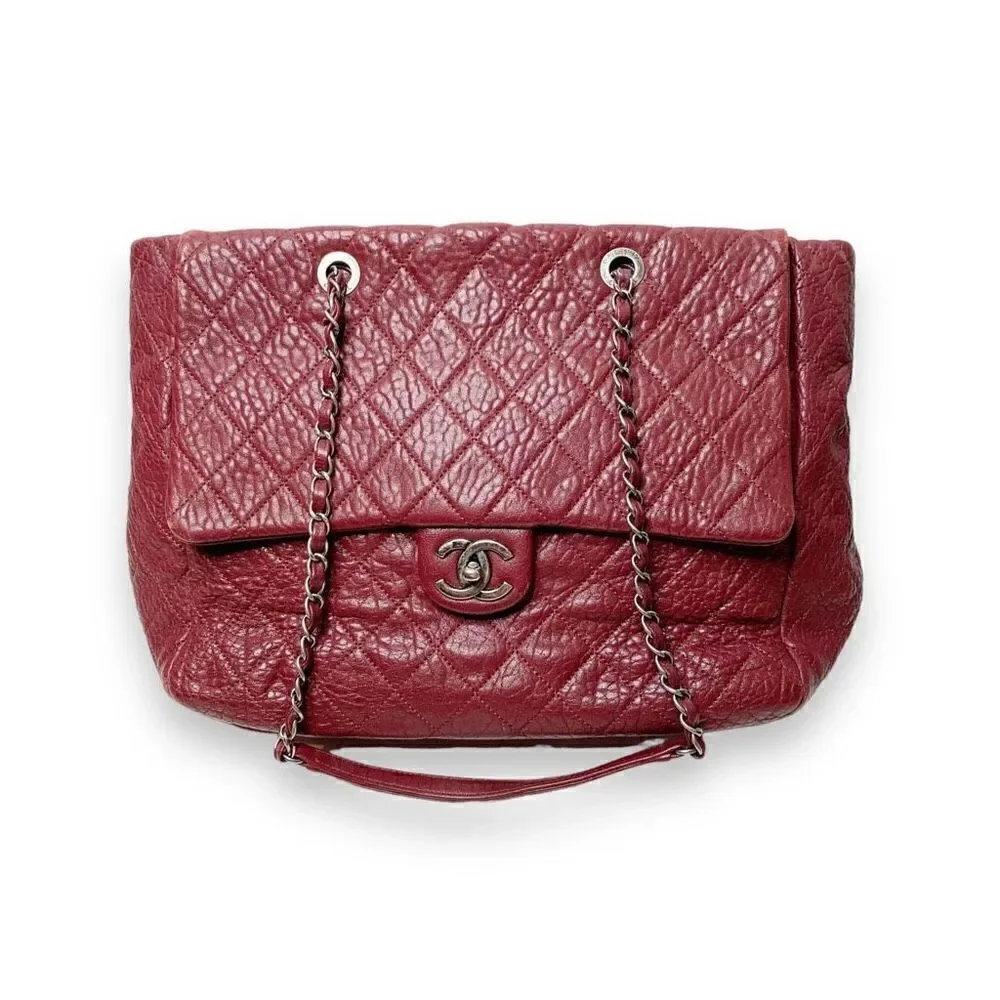 Chanel Large Duo Tote Bag Burgundy Calfskin Ruthenium Gunmetal Hardware Preowned